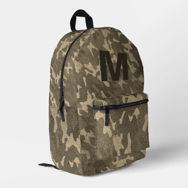 Gold Camouflage Glitzer Outdoorsy Brown Monogram Bedruckter Rucksack (Rückseitige Ecke links)