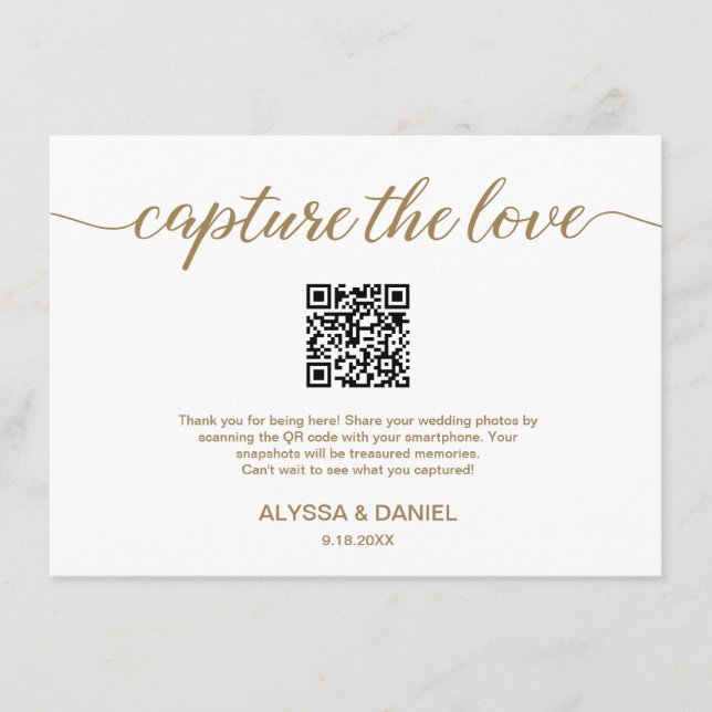 Gold Capture the Liebe QR Code Hochzeit Foto Aktie Begleitkarte (Vorderseite)