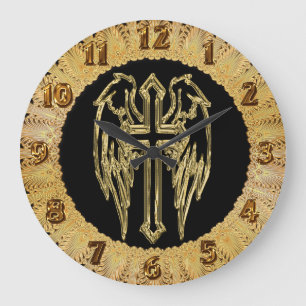Gold catholic cross with wings große wanduhr