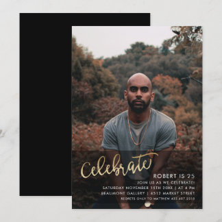 Gold Celebrate Script | Custom Foto Birthday Einladung