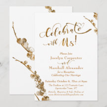 Gold "Celebrate with us" mit Botanicals auf Weiß