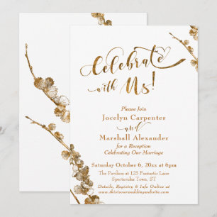 Gold "Celebrate with us" mit Botanicals auf Weiß Einladung