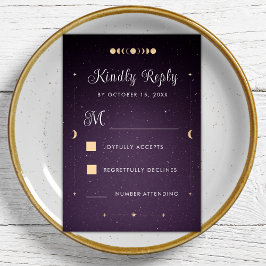 Gold Celestial Lila Galaxy Cosmic Wedding RSVP Karte