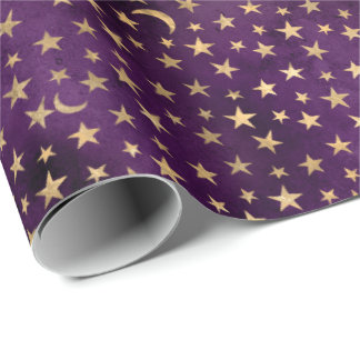 Gold Celestial Moon and Stars Dunkel Lila Geschenkpapier
