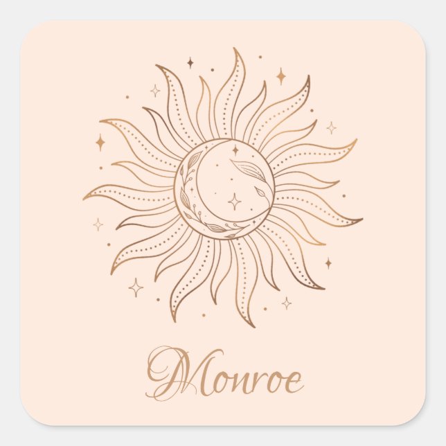 Gold Celestial Sun & Moon auf Blush Quadratischer Aufkleber (Vorderseite)