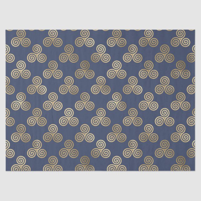 Gold Celtic Triskele Spiralen auf Navy Blue Seidenpapier (Vorderseite)