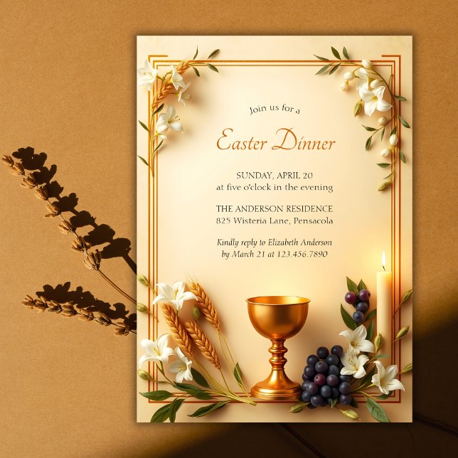 Gold Chalice Traditionelles katholisches Osterfest Einladung (Traditional Christian Easter Dinner Invitation with Elegant Religious Design)