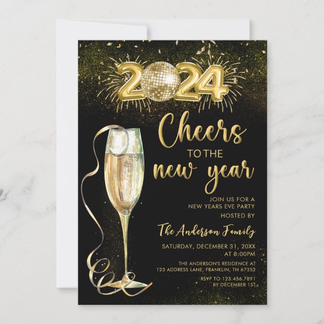 Gold Champage Cheers New Year Eve Party 2024 Einladung (Vorderseite)