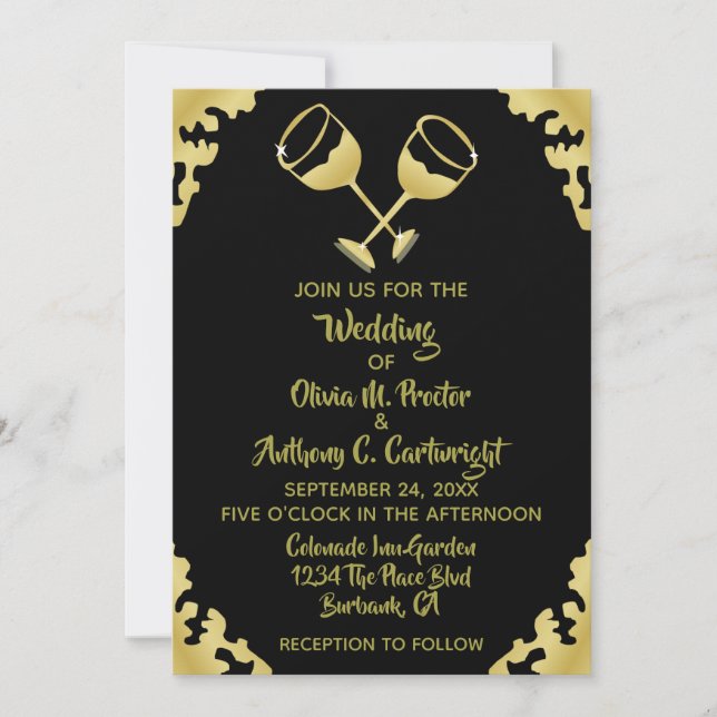 Gold Champagne Brillen Black and Gold Wedding Invi Einladung (Vorderseite)