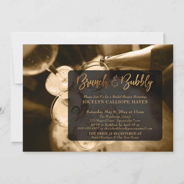 Gold Champagne Brunch & Bubbly Handschrift Einladung (Vorderseite)