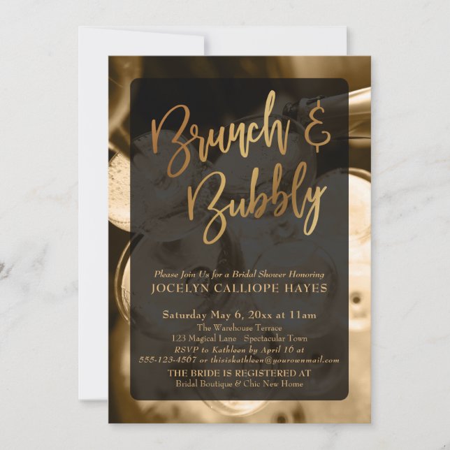 Gold Champagne Brunch & Bubbly Handschrift Einladung (Vorderseite)