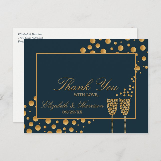 Gold Champagne Bubbles - Blue & Gold - Vielen Dank Postkarte (Vorne/Hinten)