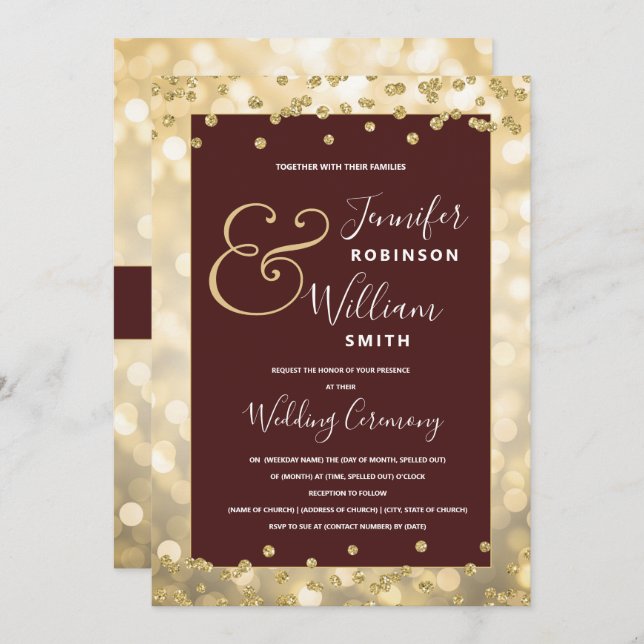 Gold Champagne Burgundy Elegante Wedding Einladung (Vorne/Hinten)