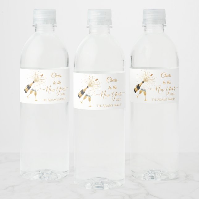 Gold Champagne Cheers New Year Party  Wasserflaschenetikett (Flaschen)