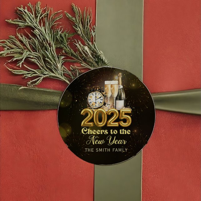 Gold Champagne Cheers Silvester Party 2025 Runder Aufkleber (Von Creator hochgeladen)