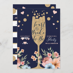 Gold Champagne   Florals & Stripe Brautparty Einladung