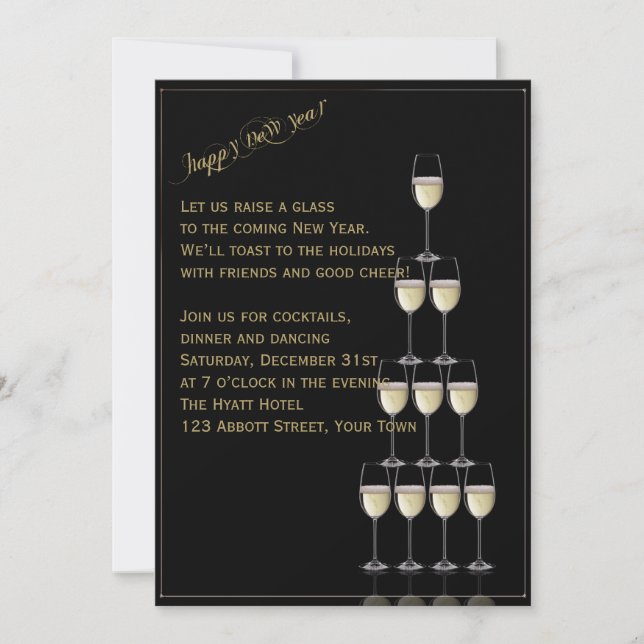 Gold Champagne Flute Pyramide Silvester Einladung (Vorderseite)