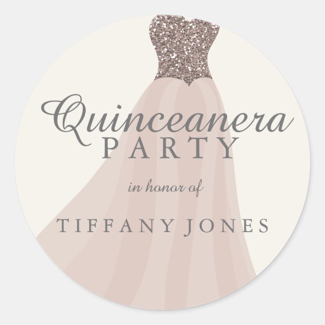 Gold Champagne Shimmer Glitzer Gown Quinceanera Runder Aufkleber (Vorderseite)