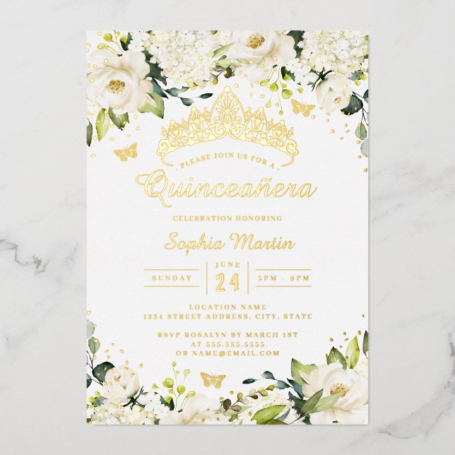 Gold Champagne White Floral Quinceanera Folieneinladung (Vorderseite)