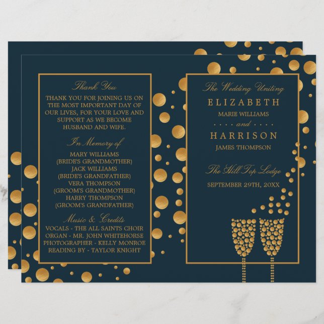 Gold Champagner Bubbles Blue/Gold Hochzeitsprogram (Vorne/Hinten)