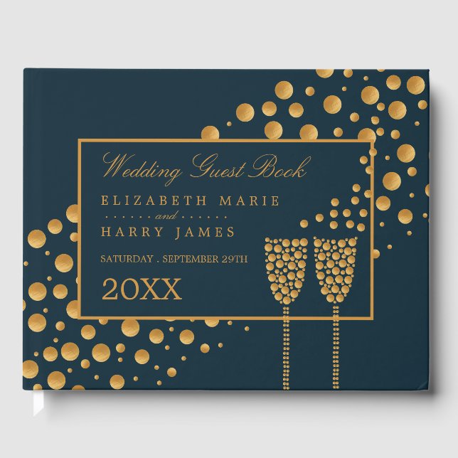 Gold Champagner Bubbles, Blue & Gold Wedding Gästebuch (Vorderseite)