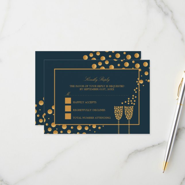 Gold Champagnerbläschen - Blau & Gold - Hochzeit RSVP Karte (Vorderseite/Rückseite Beispiel)
