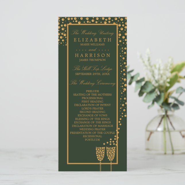 Gold Champagnerbläschen - Grün & Gold - Hochzeit Programm (Stehend Vorderseite)