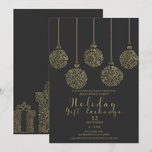 Gold & Charcoal Holiday-Geschenkbörse Party Einladung (Vorne/Hinten)