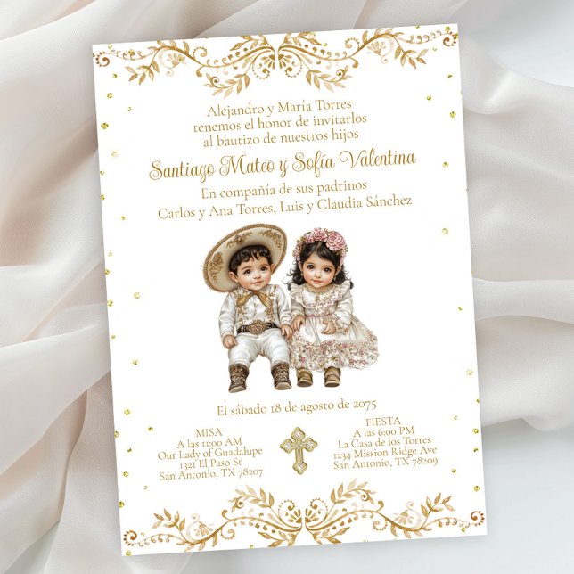Gold Charro und Charra Twin Spanische Taufe Einladung (Gold Charro and Charra baptism invitation. Simply add your event details. )