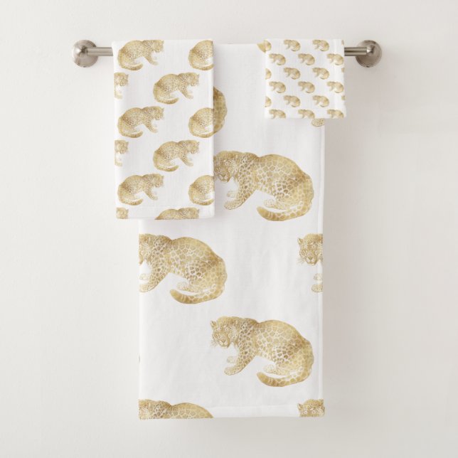 GOLD CHEETAH JUNGLE WHITE BADEZIMMER TOWEL SET (Insitu)