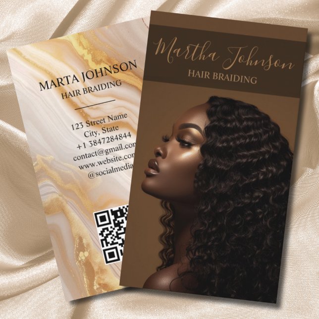 Gold Chic Afro American Braids Braiding QR Code Visitenkarte (Von Creator hochgeladen)
