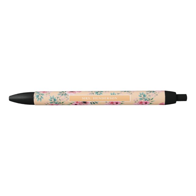 Gold | Chic Watercolor Floral Personalisiert Kugelschreiber (Vorderseite)