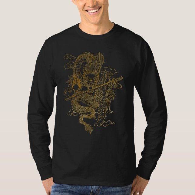 Gold Chinese Dragon with Black Background T-Shirt (Vorderseite)