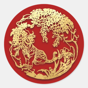 Gold Chinesische Papierschnitt Tiger Jahr wählen  Runder Aufkleber