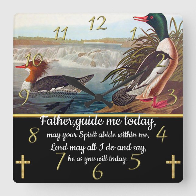 Gold Christlich Faith-Kreuz mit zwei Enten Quadratische Wanduhr (Vorderseite)