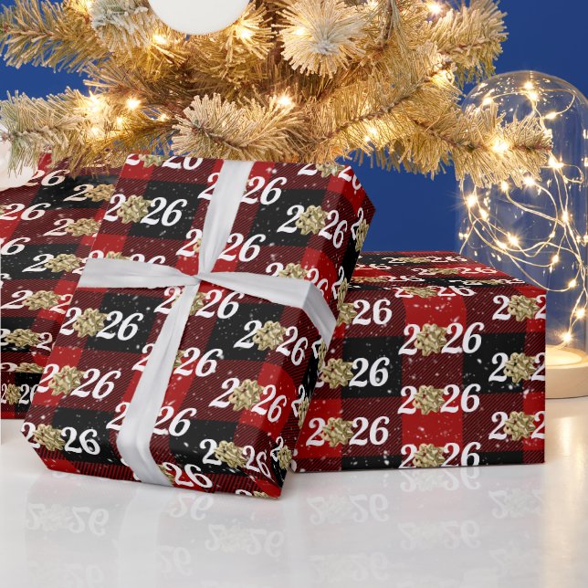 Gold Christmas Bow On Plaid 2026 Geschenkpapier (Feiertage)