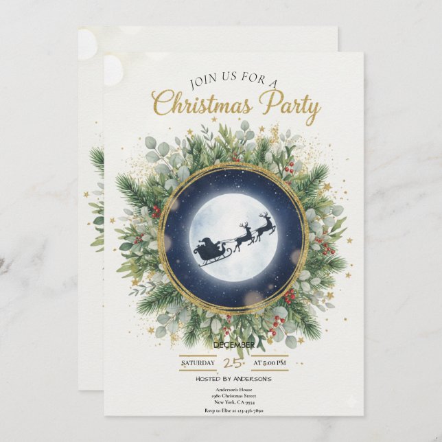 Gold Christmas Party Invitation | Editable Friends Einladung (Vorne/Hinten)