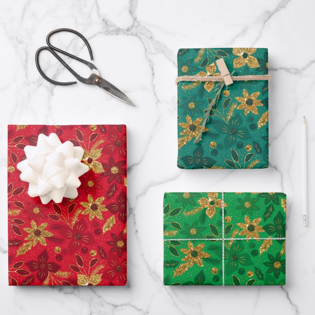 Gold Christmas Poinsettia Flowers Geschenkpapier Set (Vorderseite)