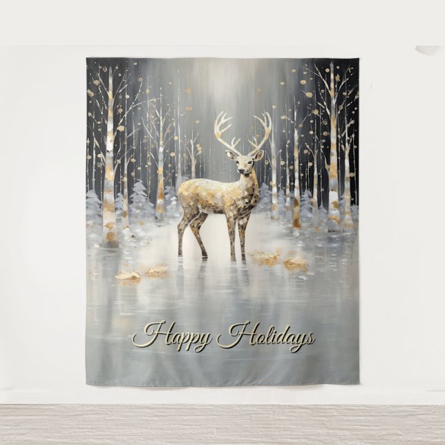 Gold Christmas Reindeer Holiday Backdrop Wandteppich (Vorderseite)