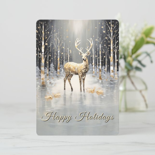Gold Christmas Reindeer Holiday Card Feiertagskarte (Stehend Vorderseite)