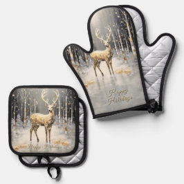 Gold Christmas Reindeer Ofenhandschuh & Topflappen-Set