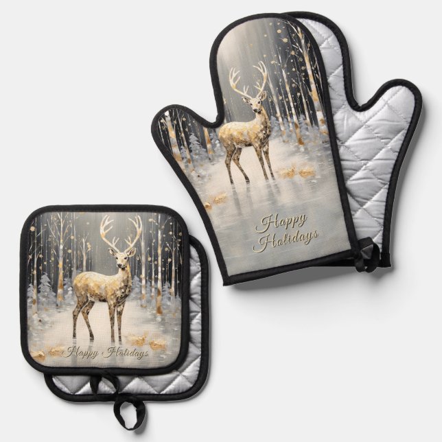 Gold Christmas Reindeer Ofenhandschuh & Topflappen-Set (Vorderseite/Rückseite)