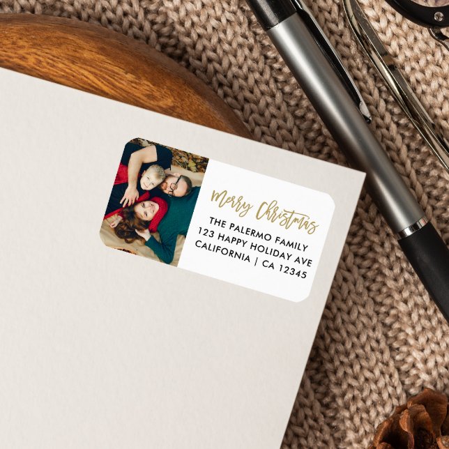 Gold Christmas Script Typografy Foto Return Adressaufkleber (Von Creator hochgeladen)