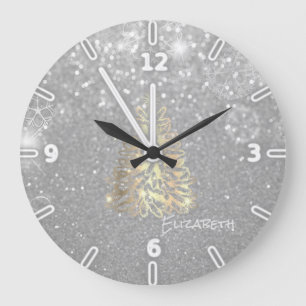 Gold Christmas Tree, Silver Glittery- Personalized Große Wanduhr