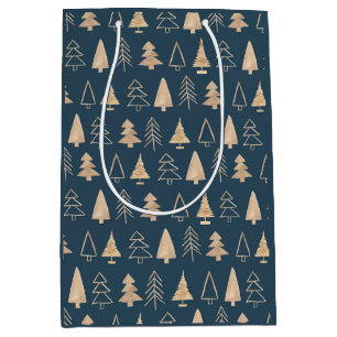Gold Christmas Trees Midnight Blue Mittlere Geschenktüte