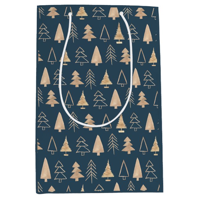 Gold Christmas Trees Midnight Blue Mittlere Geschenktüte (Vorderseite)