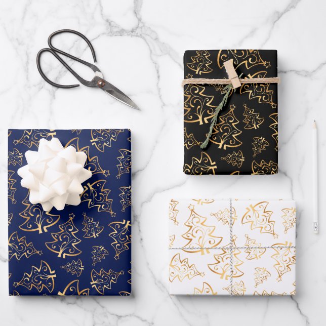 Gold Christmas Trees on Navy Blue, Black, White Geschenkpapier Set (Vorderseite)