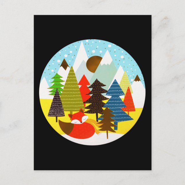 Gold Christmas Winter Baby Fox Pine Forest Postkarte (Vorderseite)