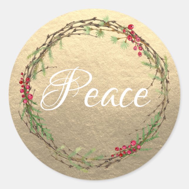 Gold Christmas Wreath Peace Runder Aufkleber (Vorderseite)
