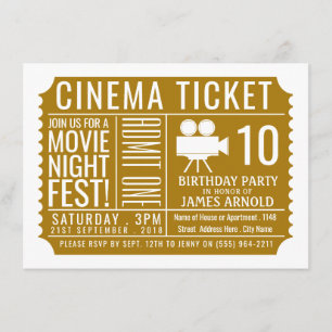 Gold Cinema Ticket, Kinderparty Ticket Begleitkarte